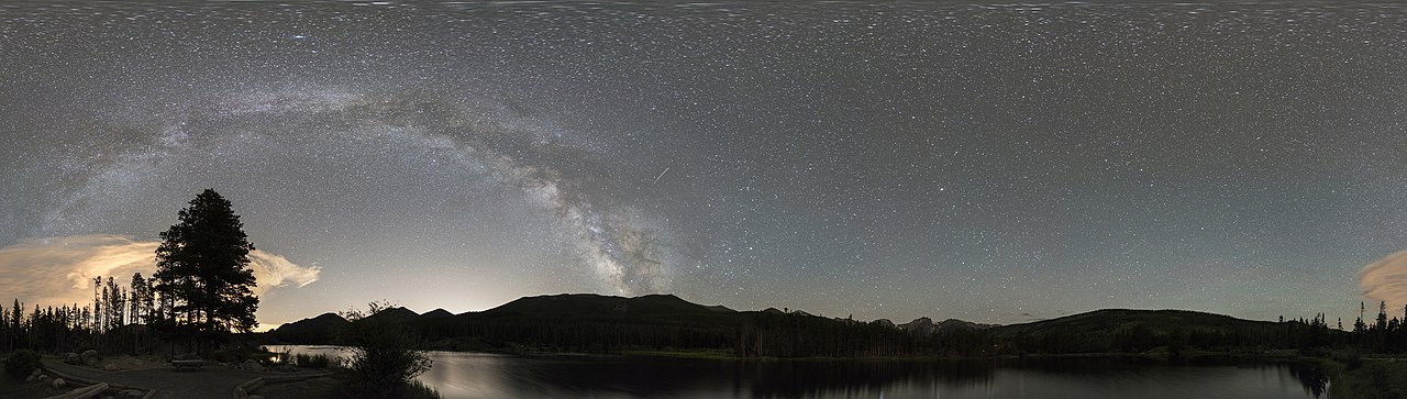 Panorama of the night sky and silhouetted horizon at Rocky Mountain National Park, Colorado.