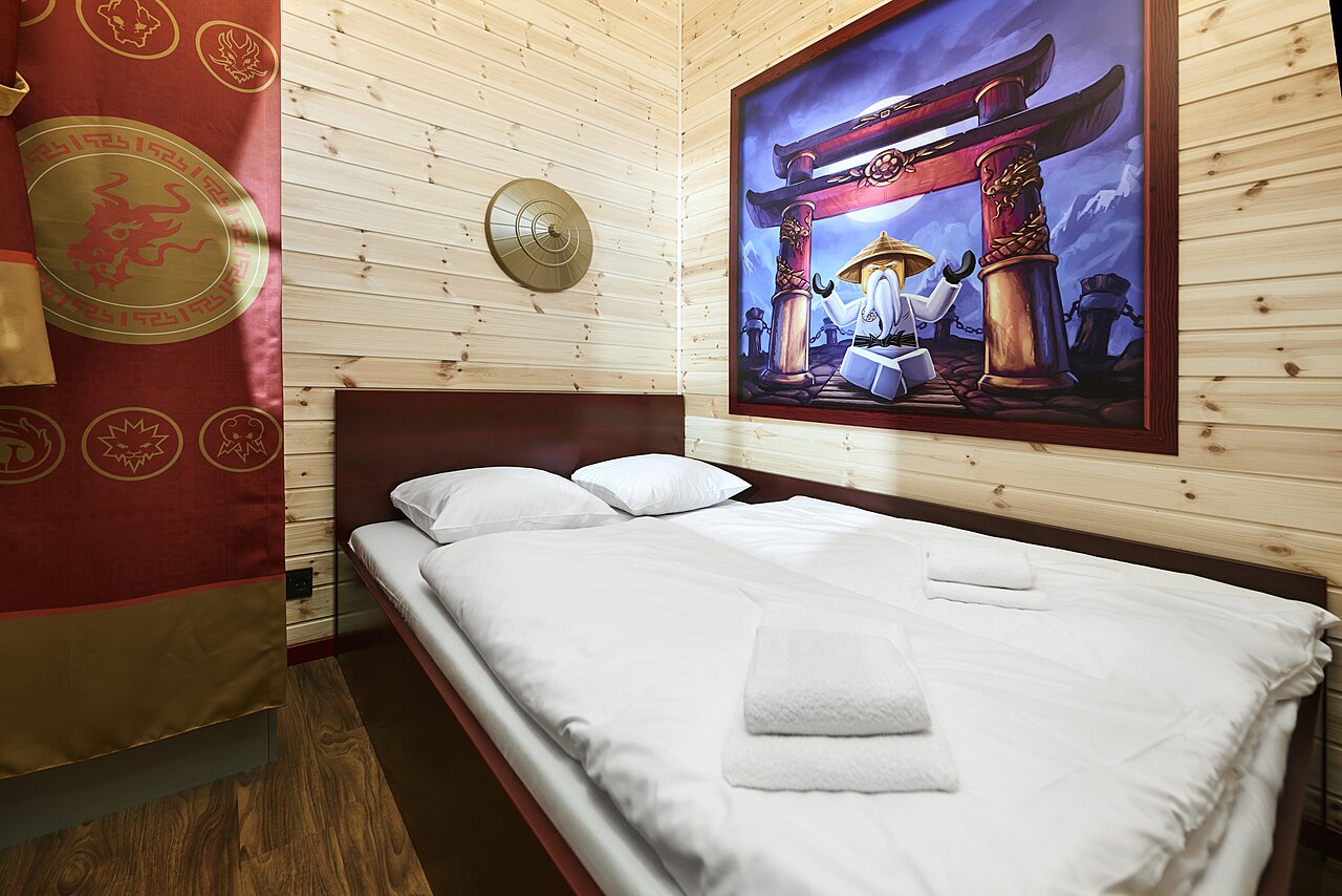 Interior of Lego Ninjago themed cabin in Legoland Holiday Village near the amusement park Legoland Billund Resort in Denmark.