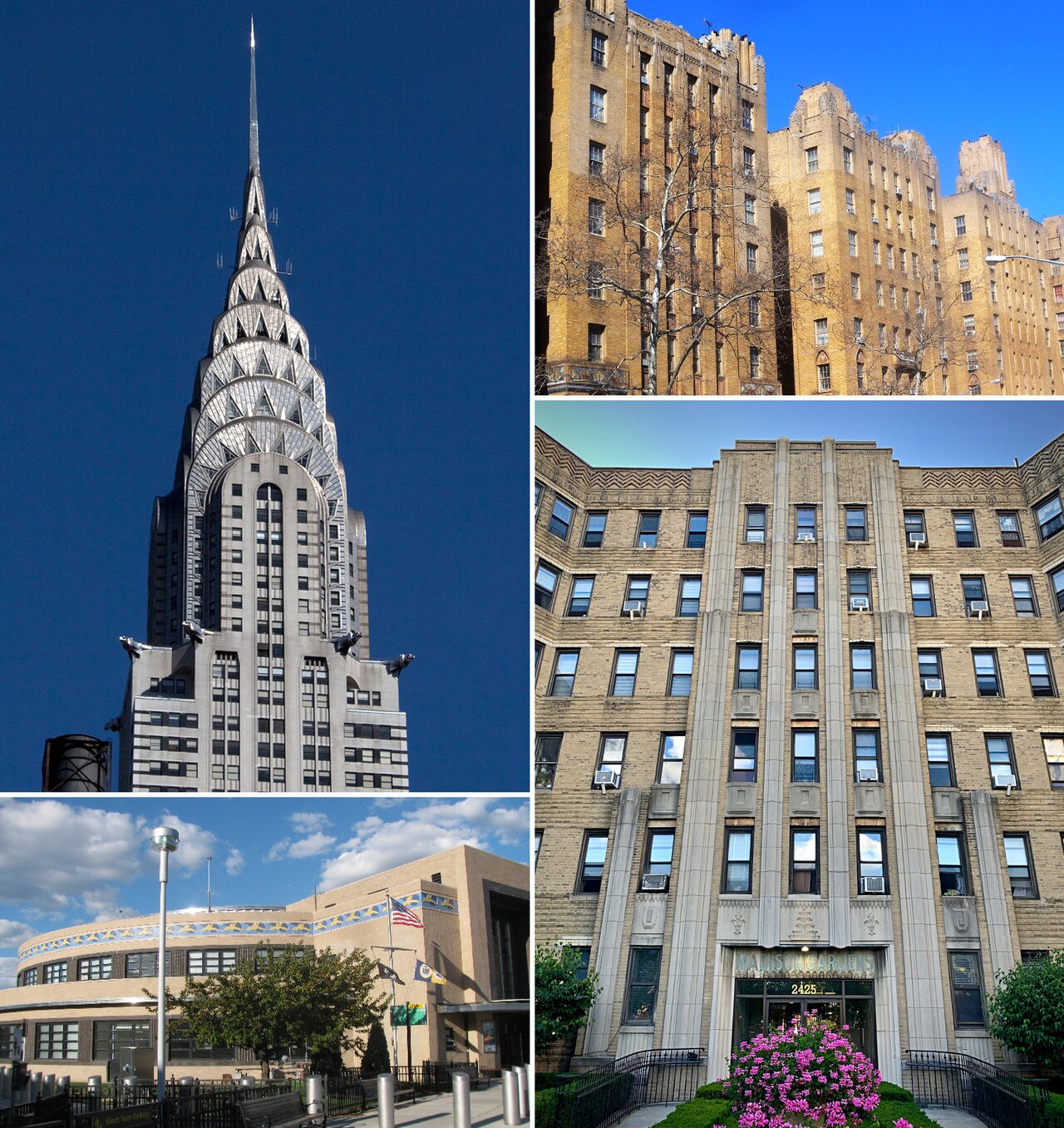 Compilation of Art Deco buildings and artwork in New York City. From top left, clockwise: the Chrysler Building in Manhattan; Park Plaza Apartments in the Bronx; Madison Gardens in Brooklyn; and the M