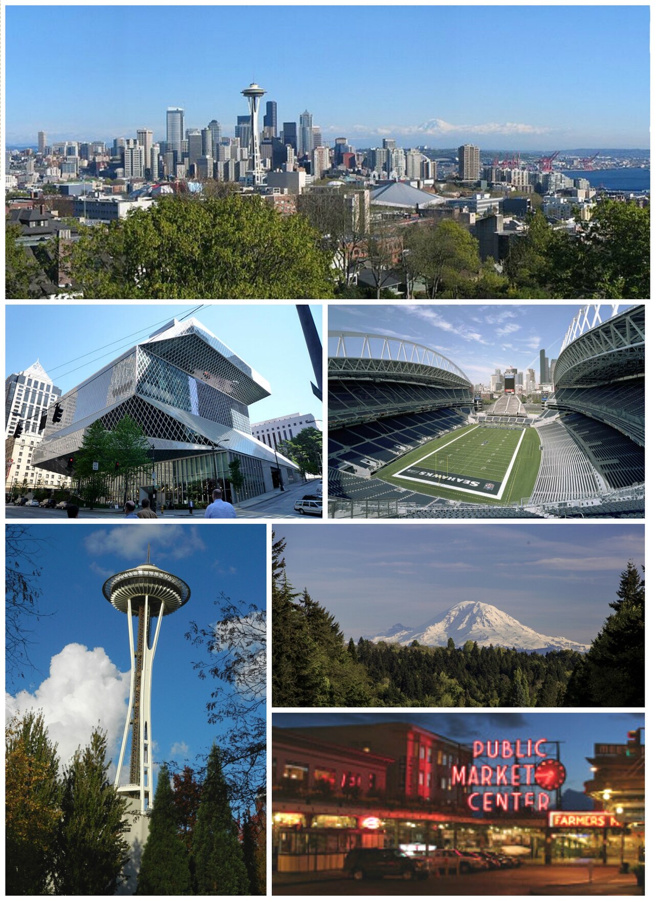 From the top-right corner:

Seattle skyline view from Kerry Park
Seattle Central Library
CenturyLink Field
Space Needle
Mount Rainier
Pike Place Market