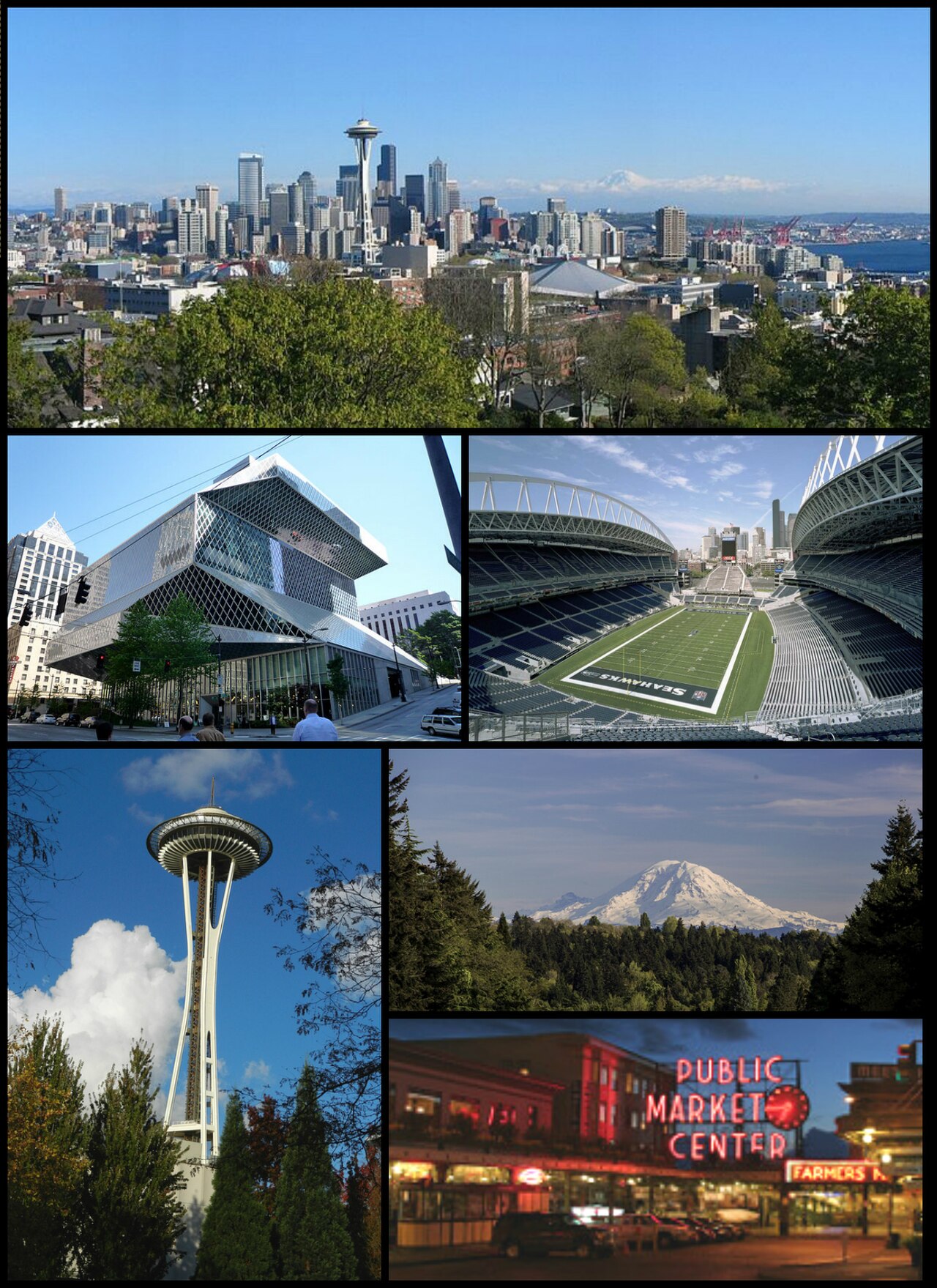 From the top-right corner:

Seattle skyline view from Kerry Park
Seattle Central Library
CenturyLink Field
Space Needle
Mount Rainier
Pike Place Market