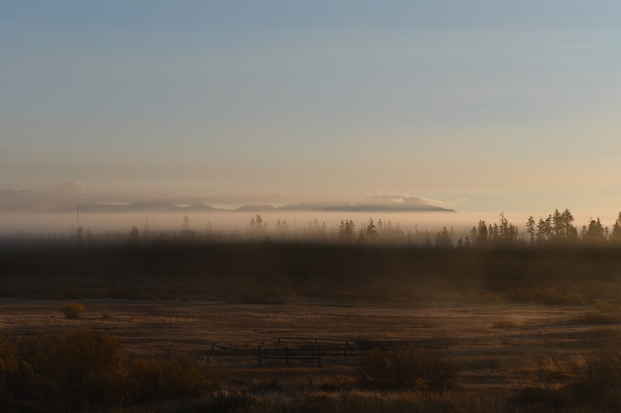 West Yellowstone landscape during late September as the sun rises and the morning fog dissolves and uncovers the mountains behind the trees.